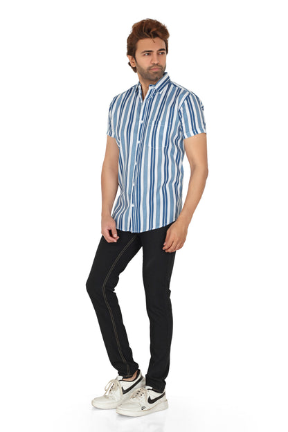 Men's Blue Striped Half Sleeve Shirt
