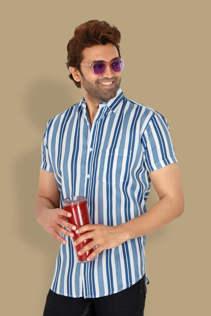 Men's Blue Striped Half Sleeve Shirt