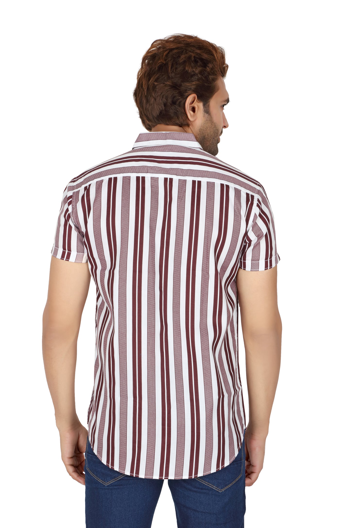 Men's Wine Striped Half Sleeve Shirt