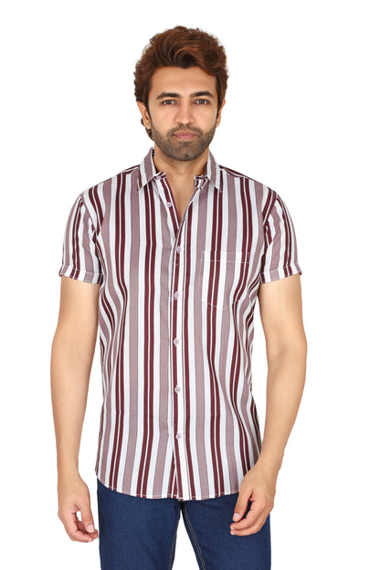 Men's Wine Striped Half Sleeve Shirt