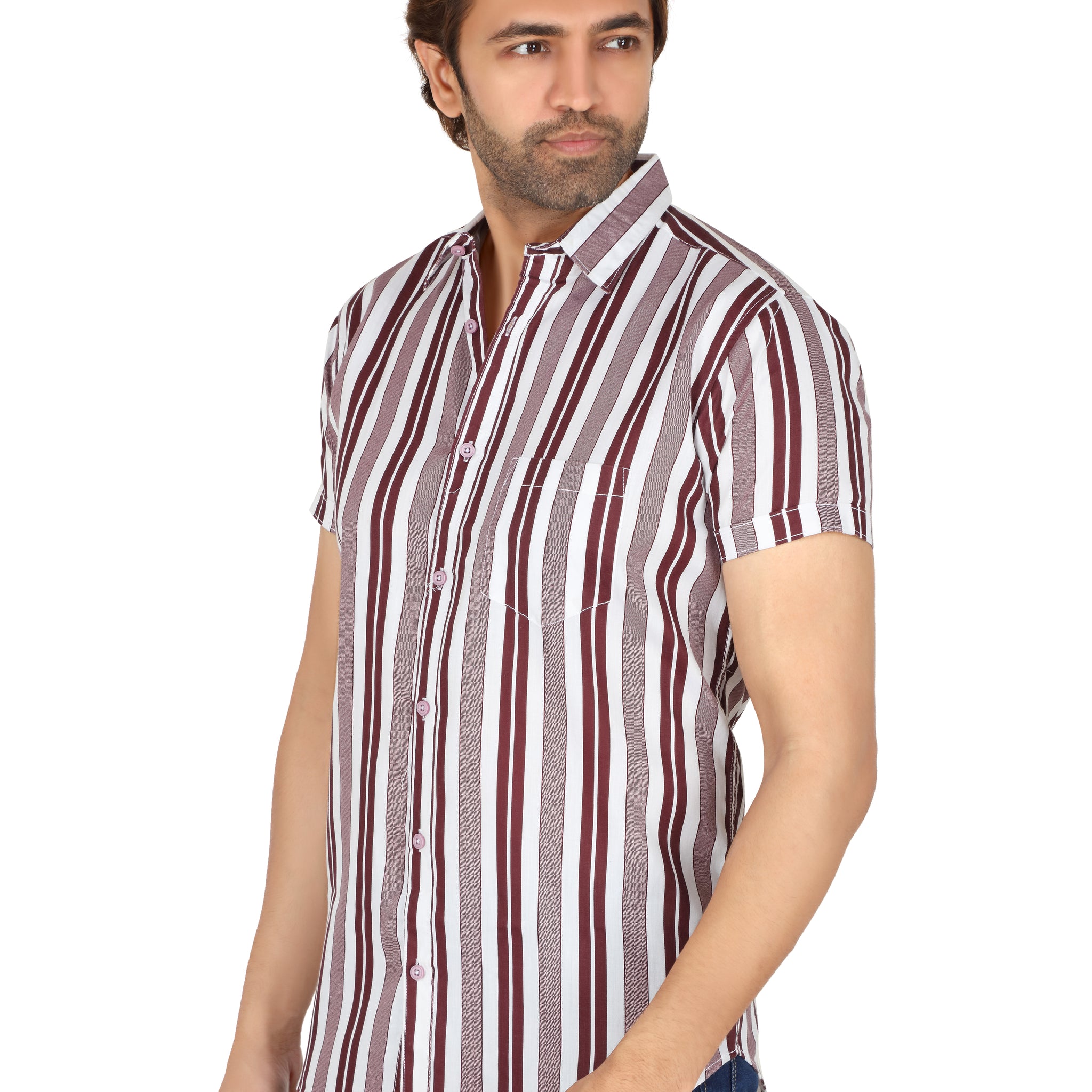 Men's Wine Striped Half Sleeve Shirt