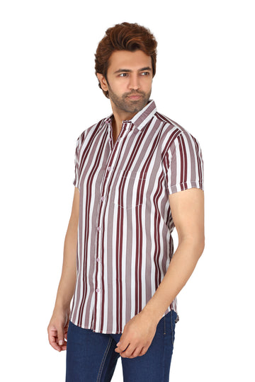 Men's Wine Striped Half Sleeve Shirt