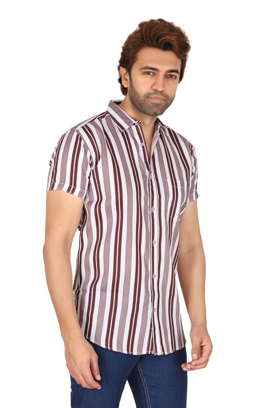 Men's Wine Striped Half Sleeve Shirt