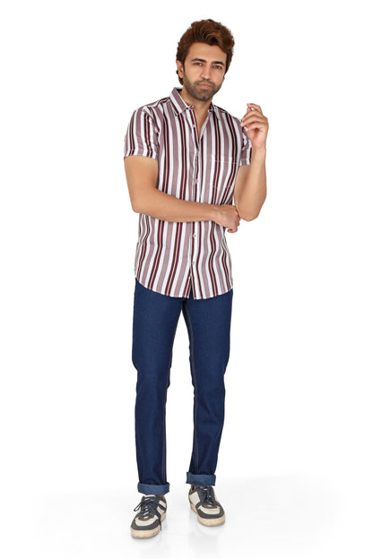 Men's Wine Striped Half Sleeve Shirt