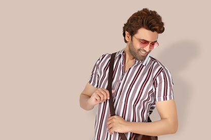 Men's Wine Striped Half Sleeve Shirt