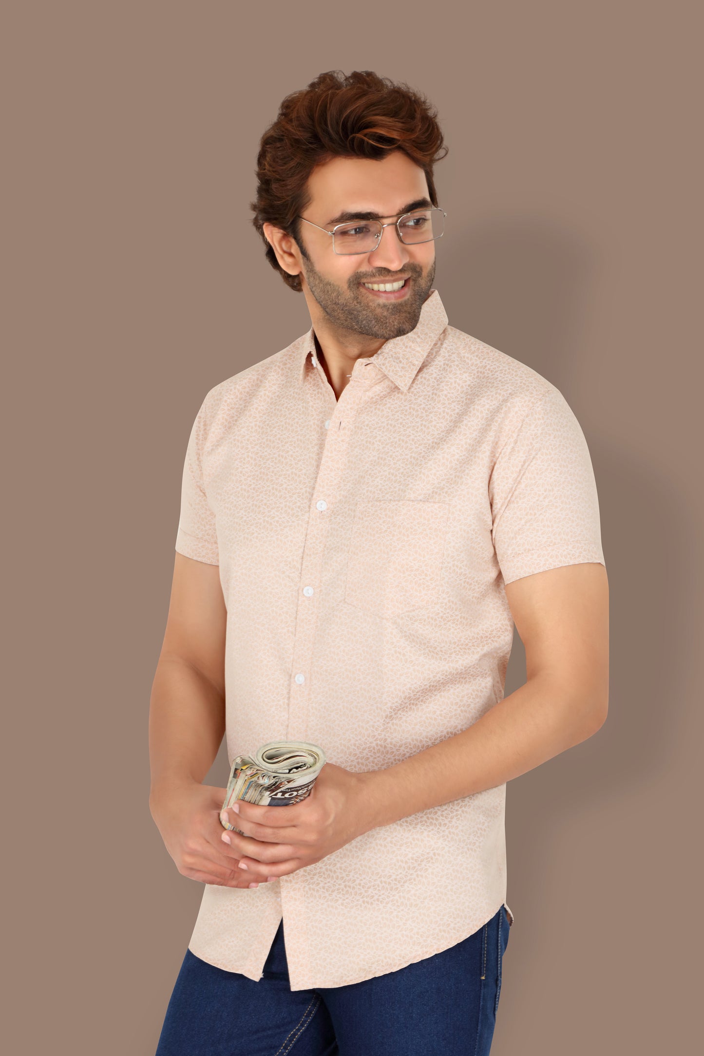 Men's Peach Printed Half Sleeve Shirt