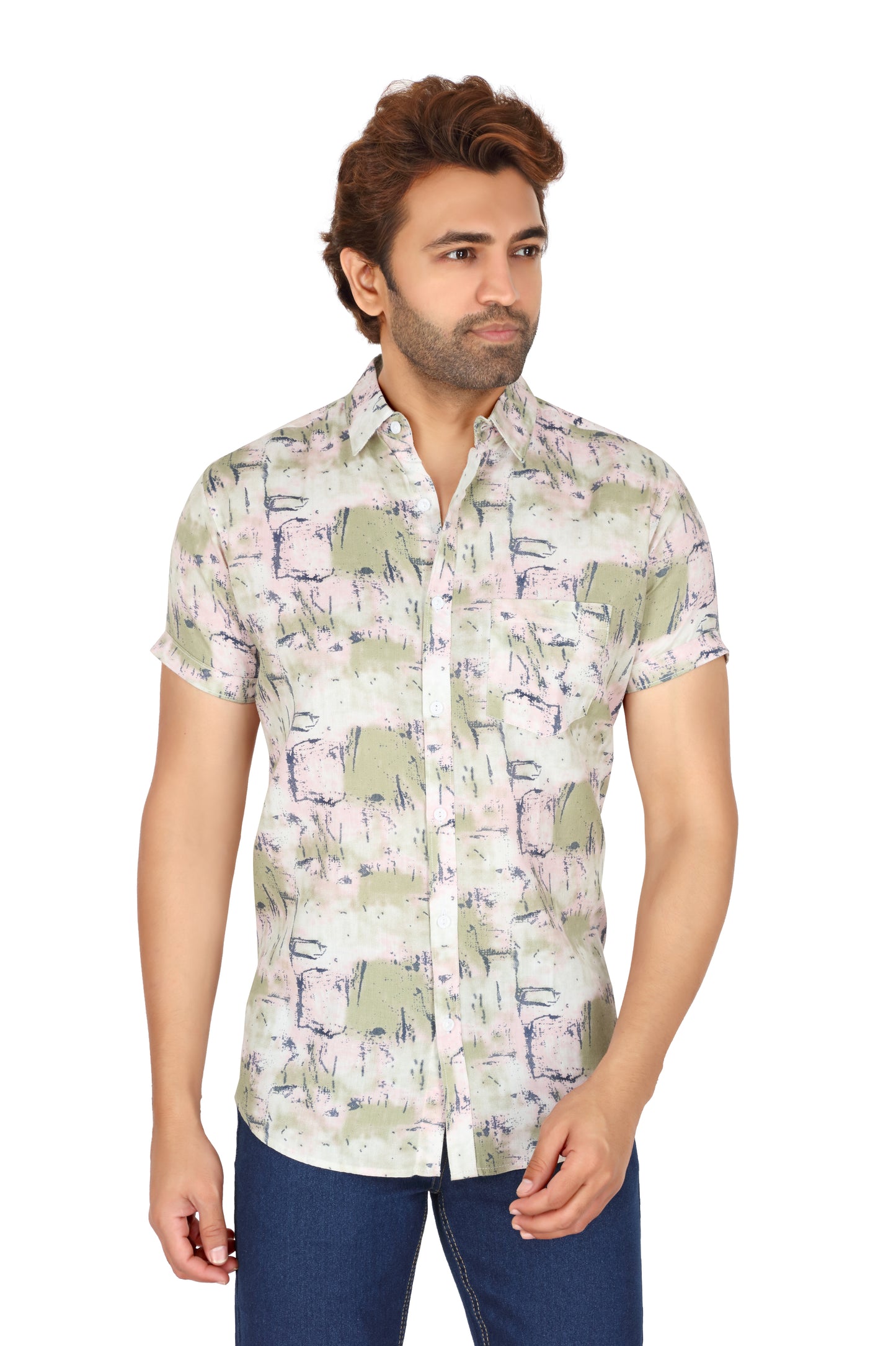 Men's Light Pink Printed Half Sleeve Shirt