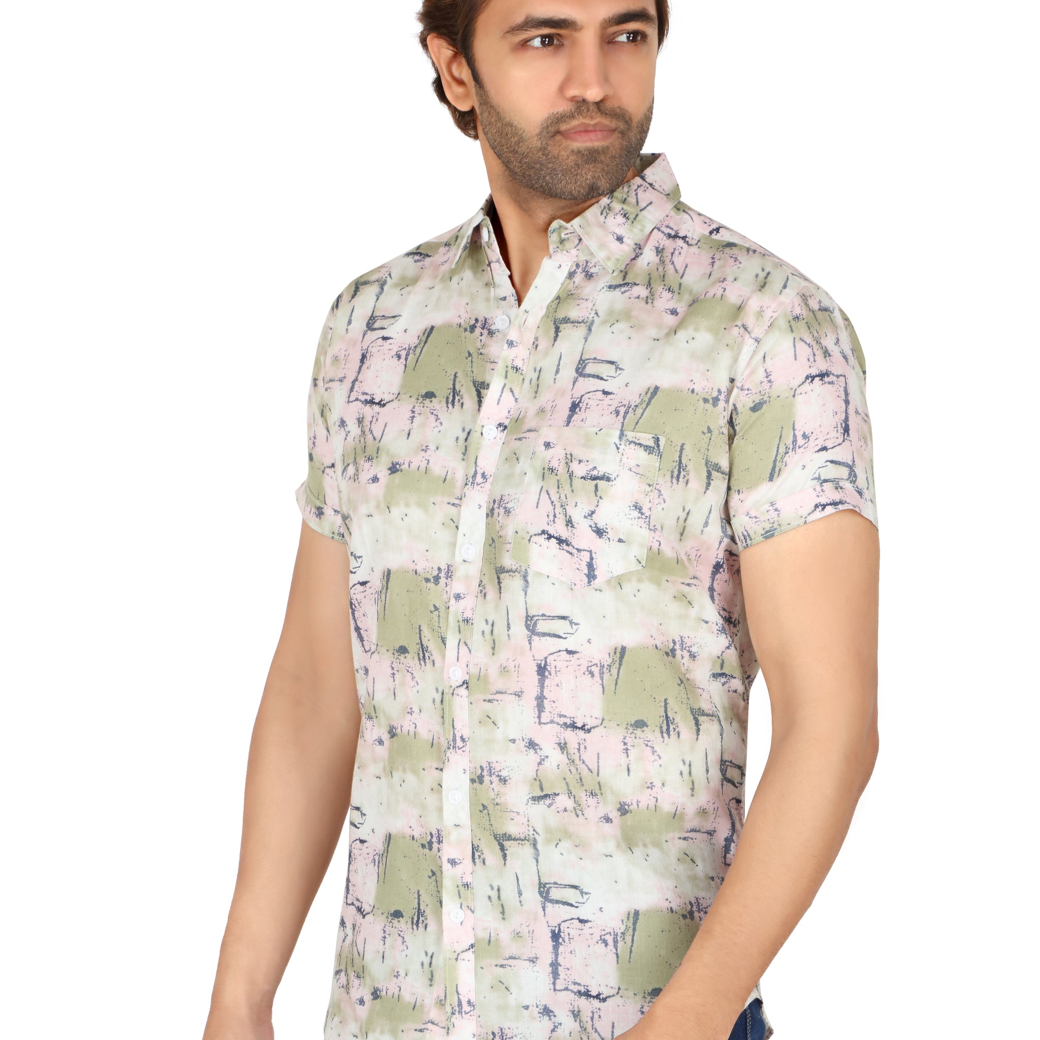 Men's Light Pink Printed Half Sleeve Shirt