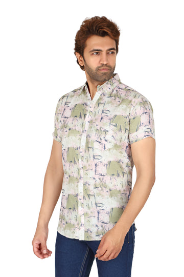 Men's Light Pink Printed Half Sleeve Shirt