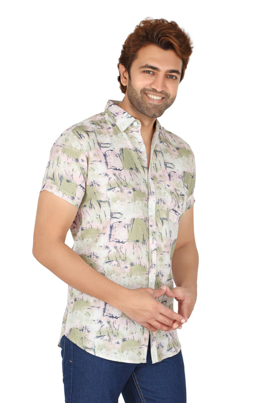 Men's Light Pink Printed Half Sleeve Shirt