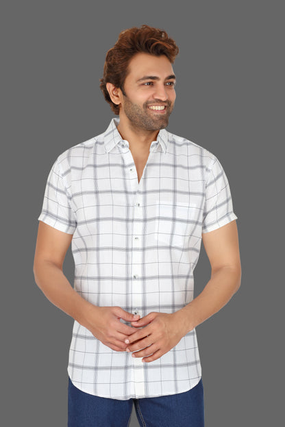 Men's White Checked Half Sleeve Shirt