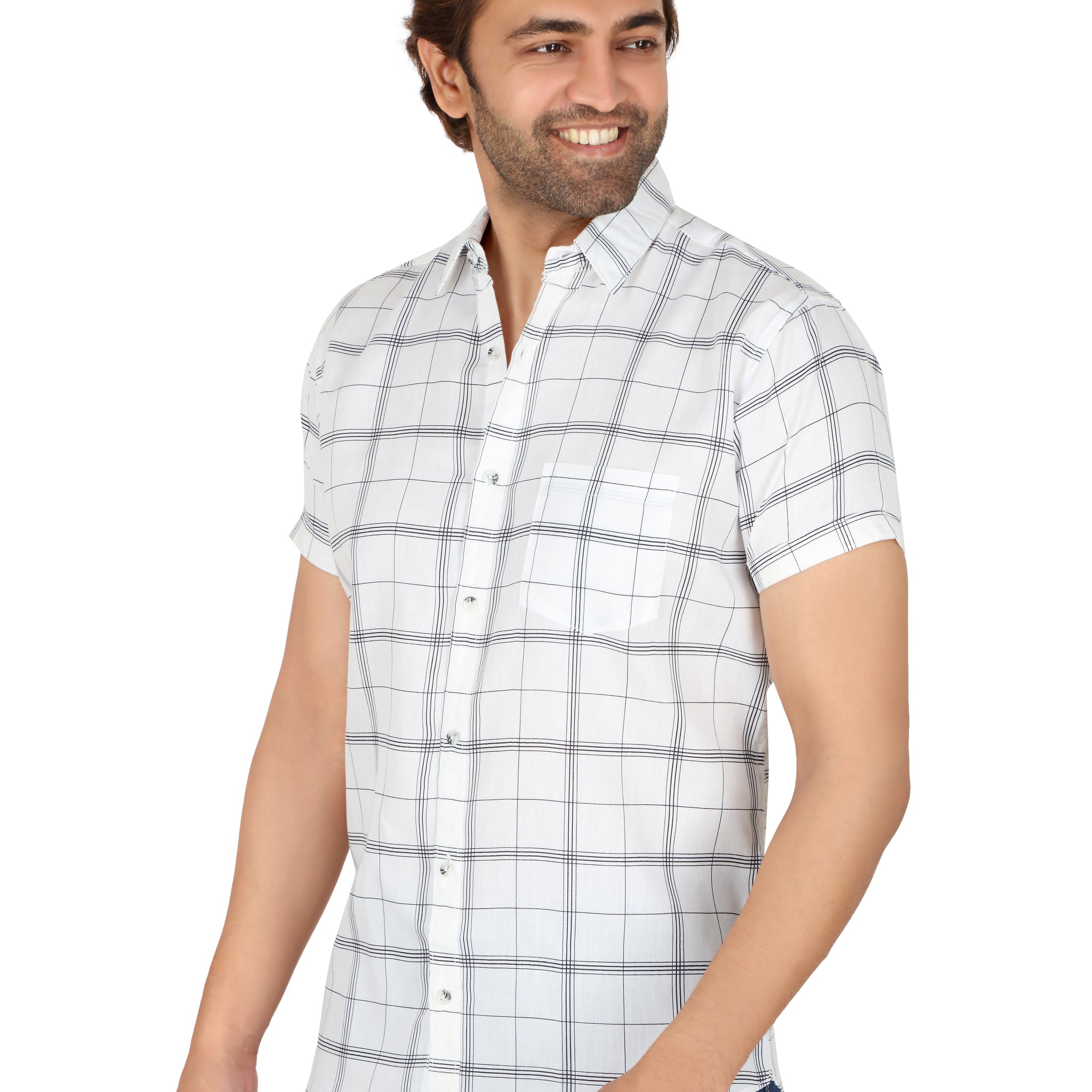 Men's White Checked Half Sleeve Shirt