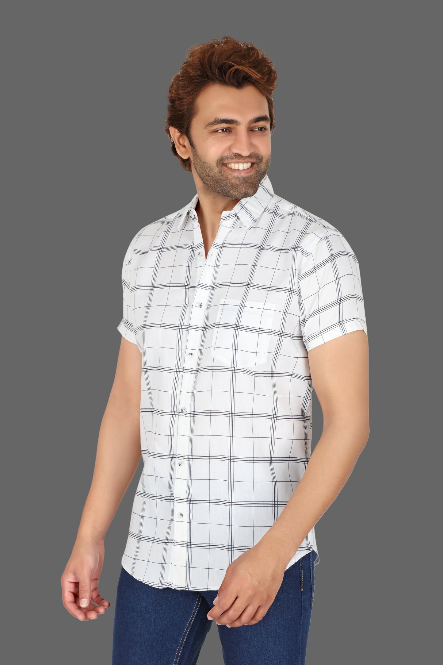 Men's White Checked Half Sleeve Shirt