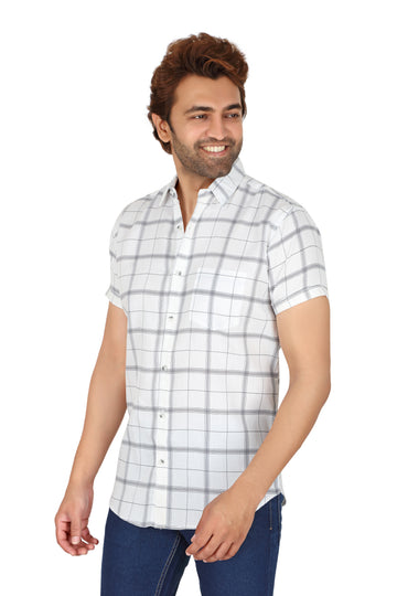 Men's White Checked Half Sleeve Shirt