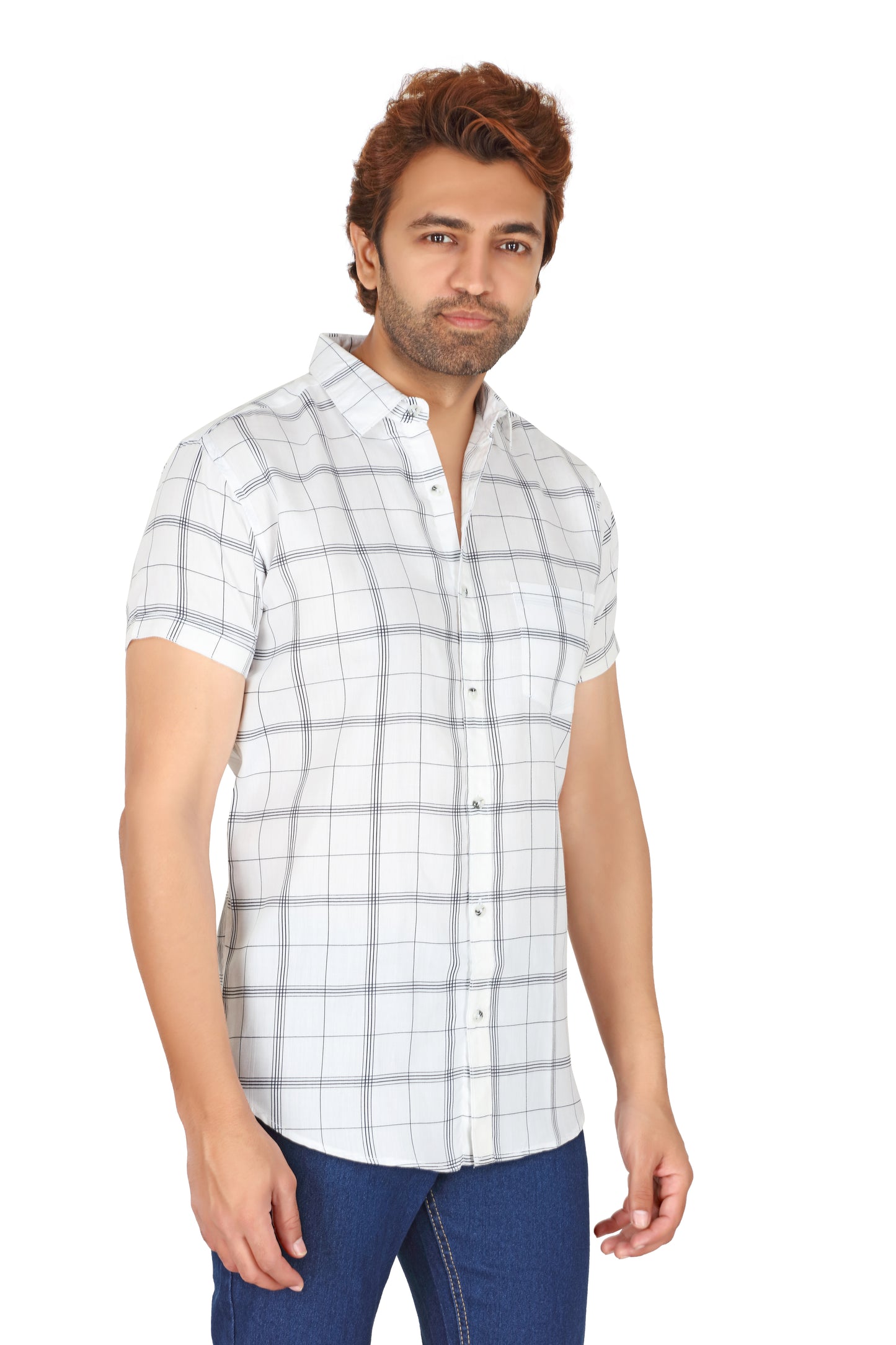 Men's White Checked Half Sleeve Shirt