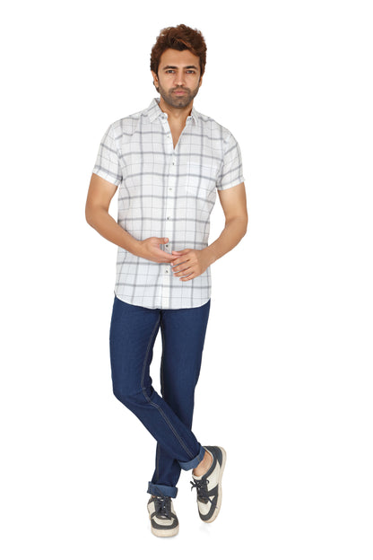Men's White Checked Half Sleeve Shirt