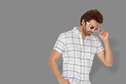 Men's White Checked Half Sleeve Shirt