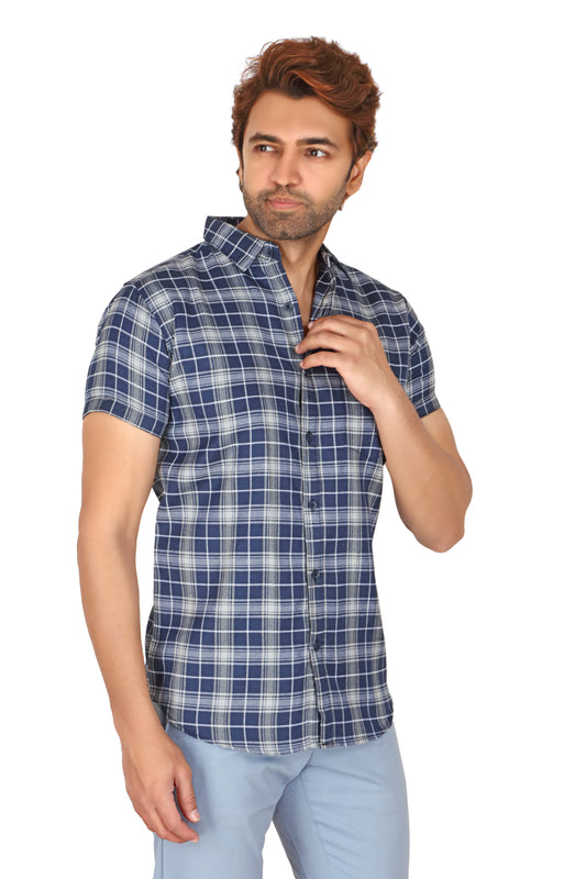 Men's Blue Checked Half Sleeve Shirt