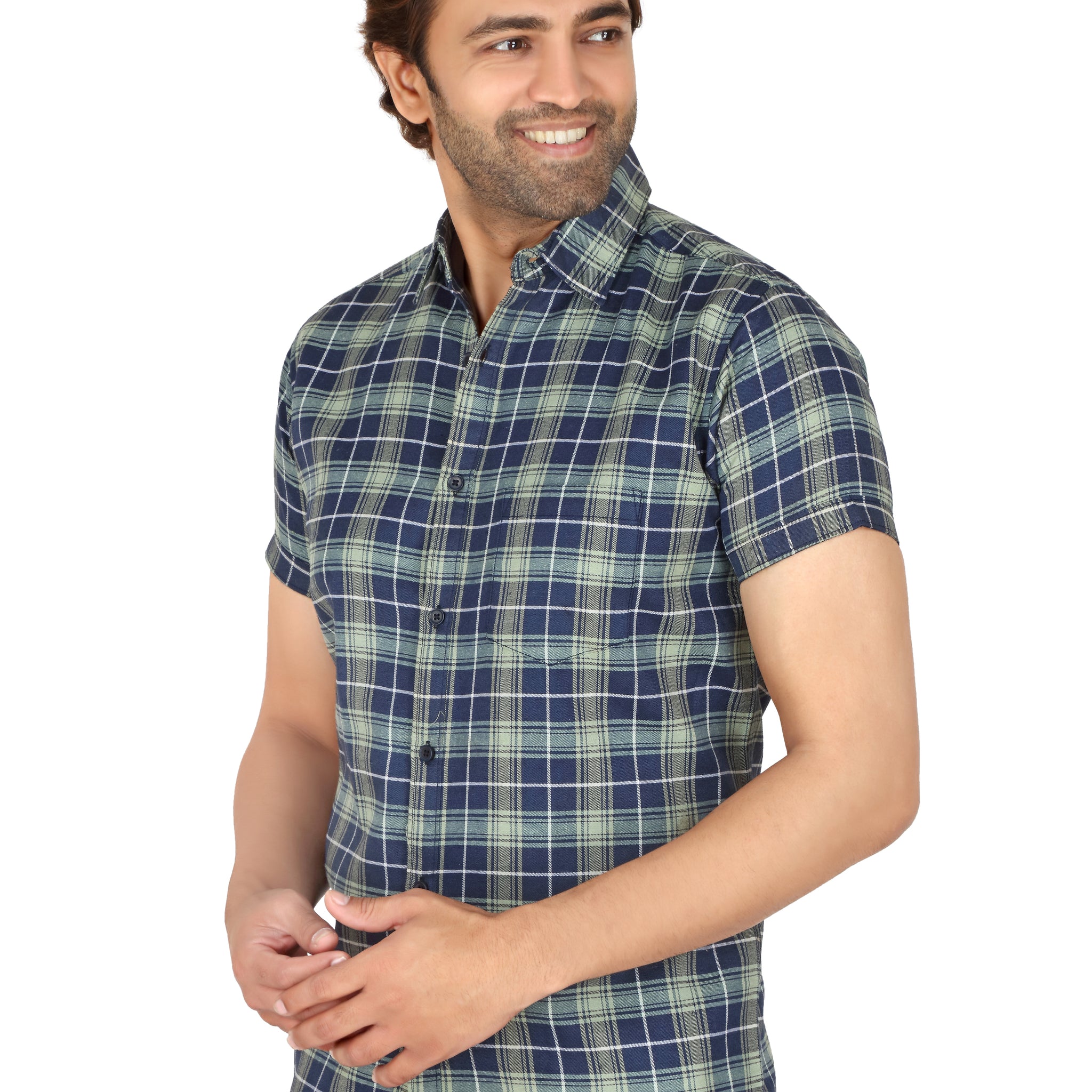 Men's Green Checked Half Sleeve Shirt