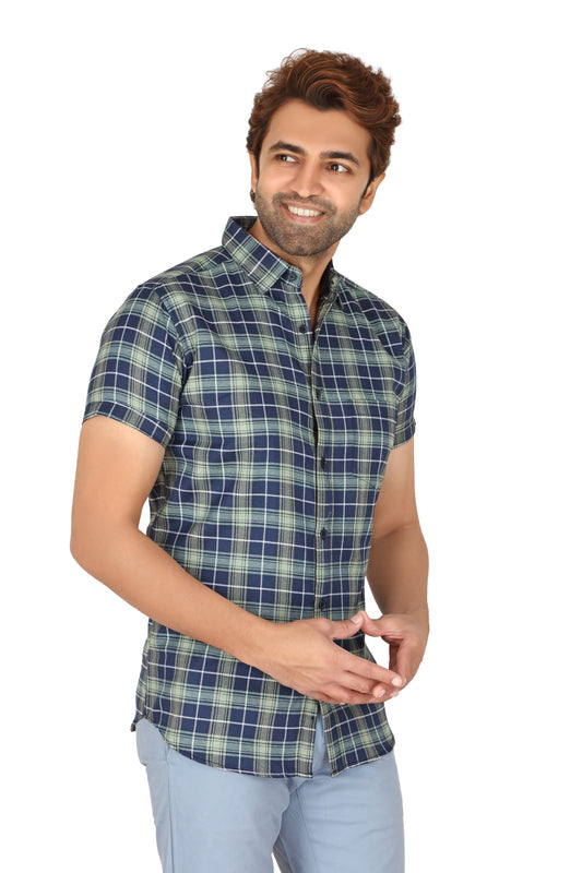 Men's Green Checked Half Sleeve Shirt