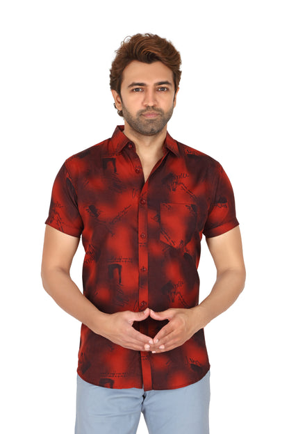 Men's Red Printed Half Sleeve Shirt