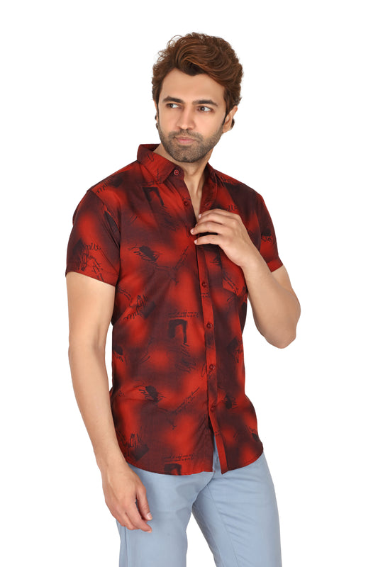 Men's Red Printed Half Sleeve Shirt