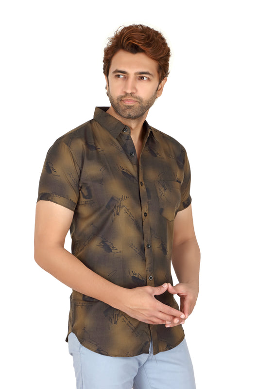 Men's Brown Printed Half Sleeve Shirt