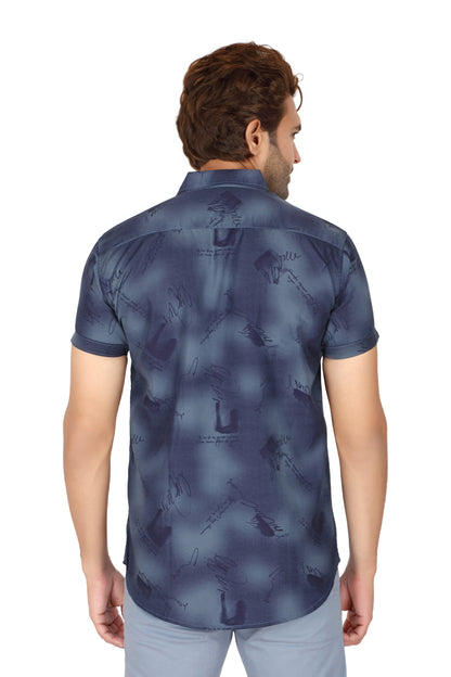 Men's Blue Printed Half Sleeve Shirt