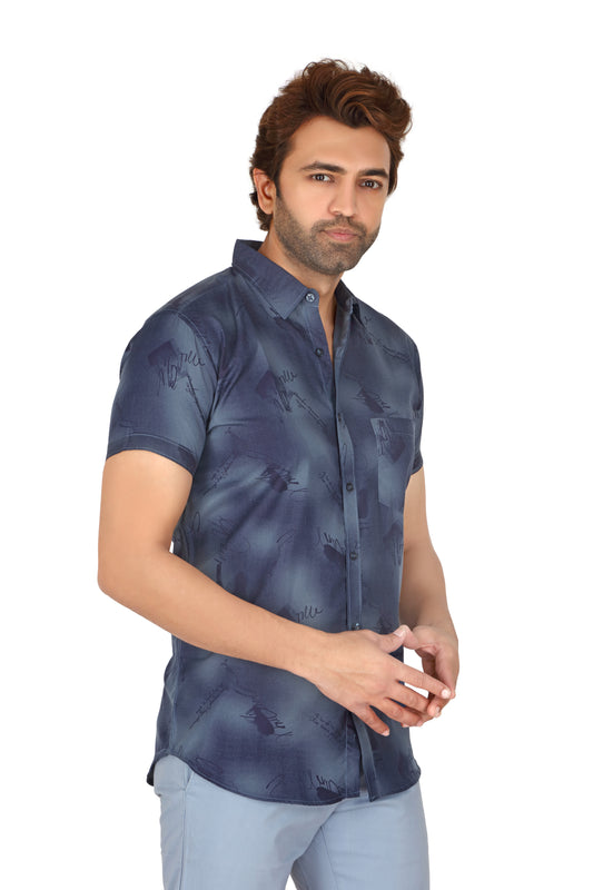 Men's Dark Blue Printed Half Sleeve Shirt