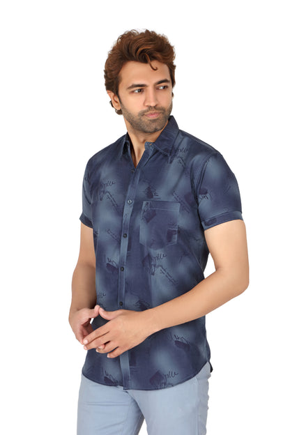Men's Blue Printed Half Sleeve Shirt
