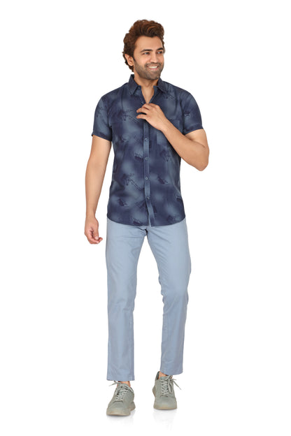 Men's Blue Printed Half Sleeve Shirt