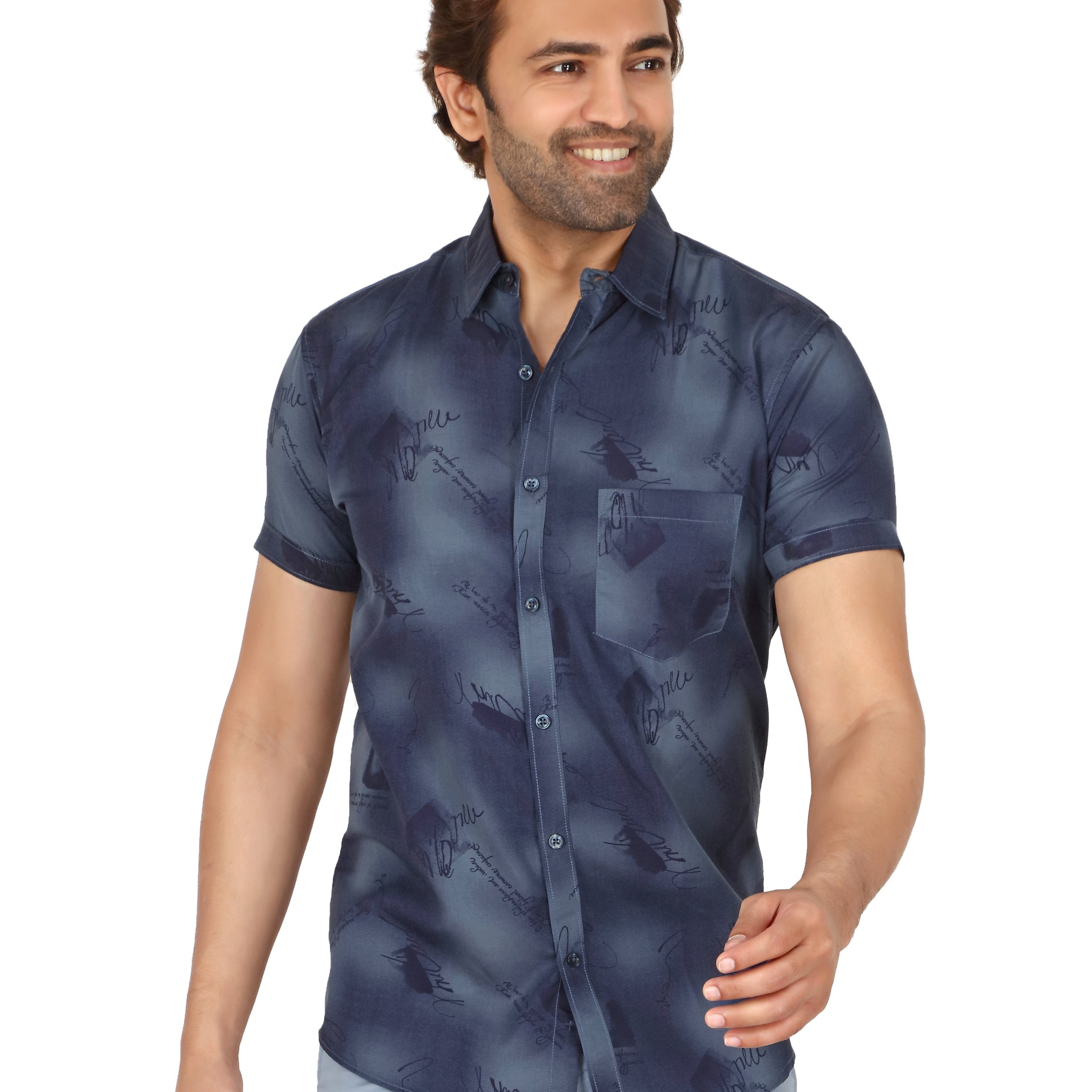 Men's Dark Blue Printed Half Sleeve Shirt