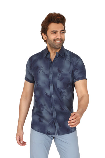 Men's Dark Blue Printed Half Sleeve Shirt