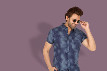Men's Blue Printed Half Sleeve Shirt