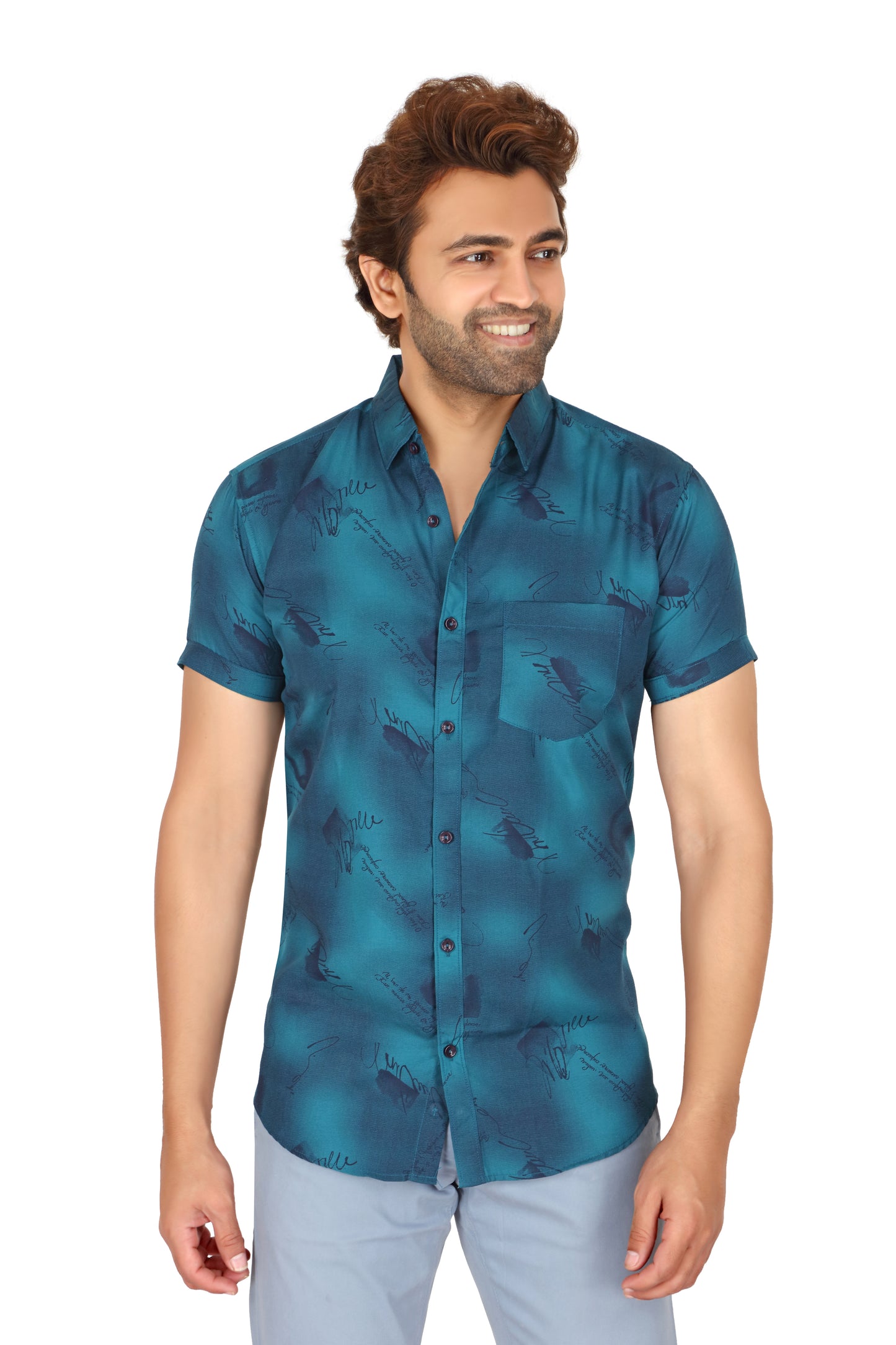 Men's Teal Printed Half Sleeve Shirt