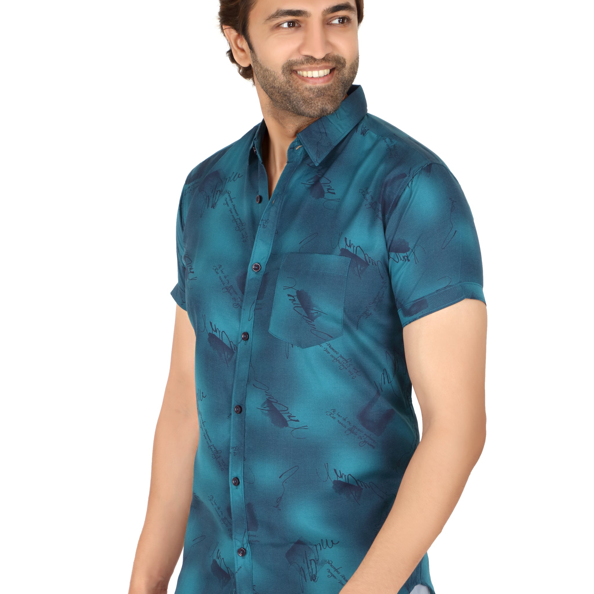 Men's Teal Printed Half Sleeve Shirt