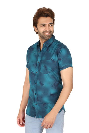 Men's Teal Printed Half Sleeve Shirt