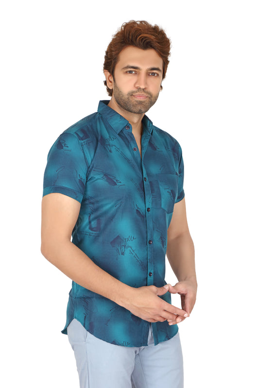 Men's Teal Printed Half Sleeve Shirt