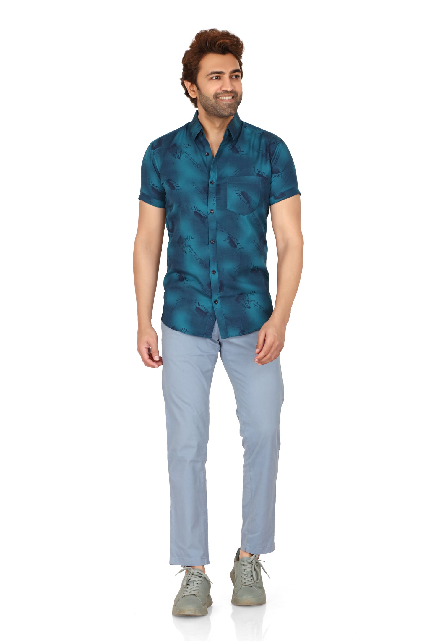 Men's Teal Printed Half Sleeve Shirt