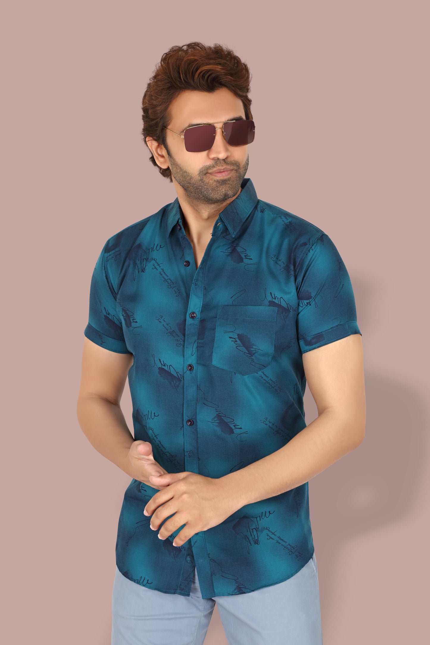 Men's Teal Printed Half Sleeve Shirt