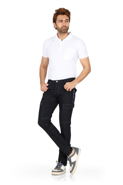 Men's straight fit denim jeans in a BLACK shade with a mild fade and a six-pocket design. The jeans have a mid-rise waist and are suitable for casual wear.
