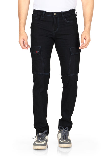 Men's straight fit denim jeans in a BLACK shade with a mild fade and a six-pocket design. The jeans have a mid-rise waist and are suitable for casual wear.
