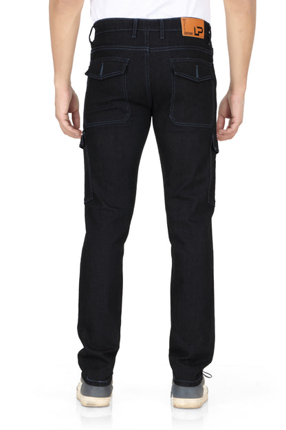 Men's straight fit denim jeans in a BLACK shade with a mild fade and a six-pocket design. The jeans have a mid-rise waist and are suitable for casual wear.
