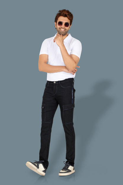 Men's straight fit denim jeans in a BLACK shade with a mild fade and a six-pocket design. The jeans have a mid-rise waist and are suitable for casual wear.
