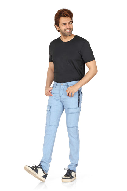Men's straight fit denim cargo jeans in a blue shade with a mild fade and six pockets. The jeans have a mid-rise waist and are suitable for casual wear.