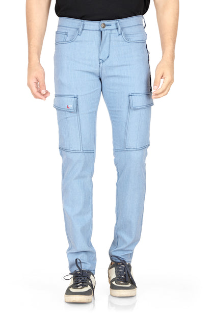 Men's straight fit denim cargo jeans in a blue shade with a mild fade and six pockets. The jeans have a mid-rise waist and are suitable for casual wear.
