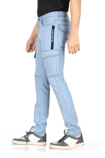 Men's straight fit denim cargo jeans in a blue shade with a mild fade and six pockets. The jeans have a mid-rise waist and are suitable for casual wear.