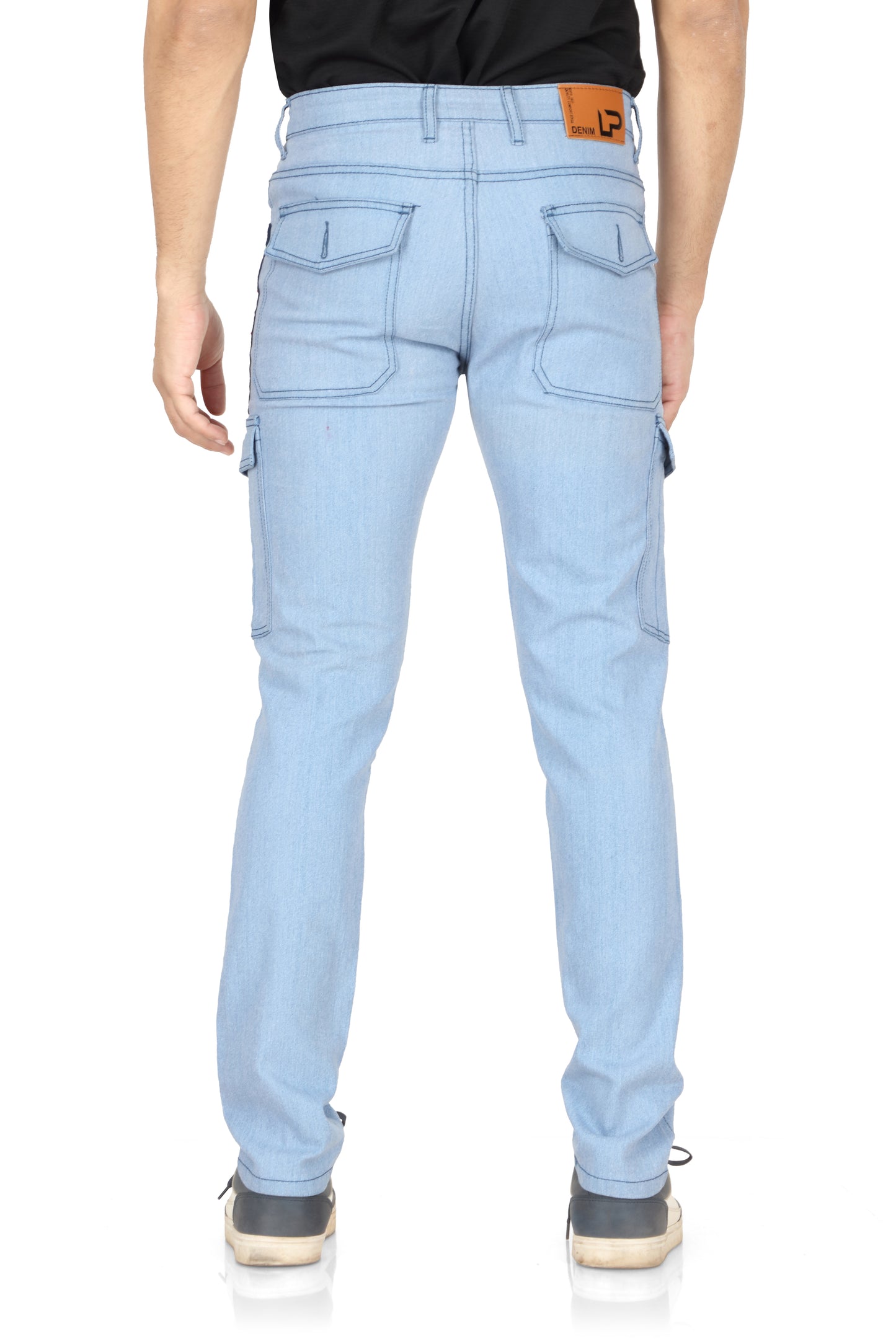 Men's straight fit denim cargo jeans in a blue shade with a mild fade and six pockets. The jeans have a mid-rise waist and are suitable for casual wear.