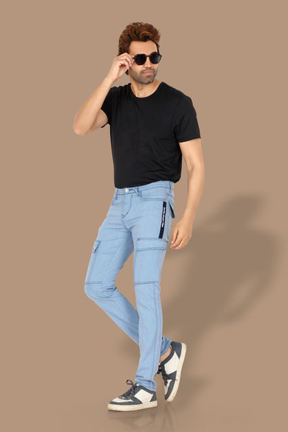 Men's straight fit denim cargo jeans in a blue shade with a mild fade and six pockets. The jeans have a mid-rise waist and are suitable for casual wear.