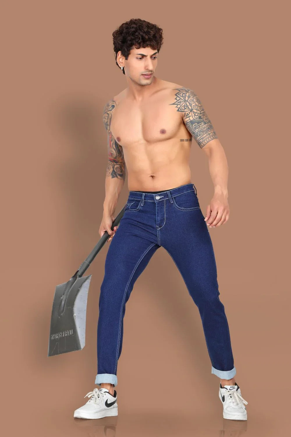 Stylish men's straight fit jeans by LP Creation, featuring a solid dark denim fabric and a classic 5-pocket design.